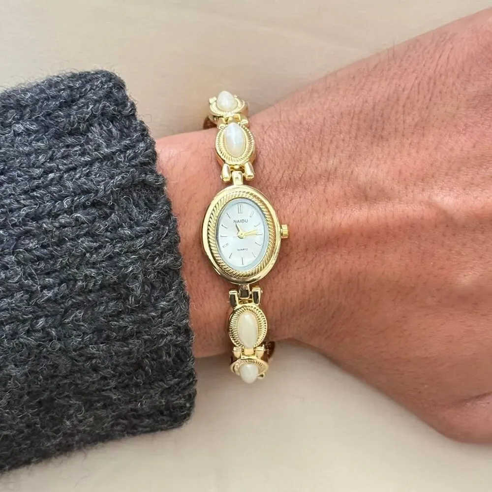 y2k dainty gold and white stone round stainless steel charm watch